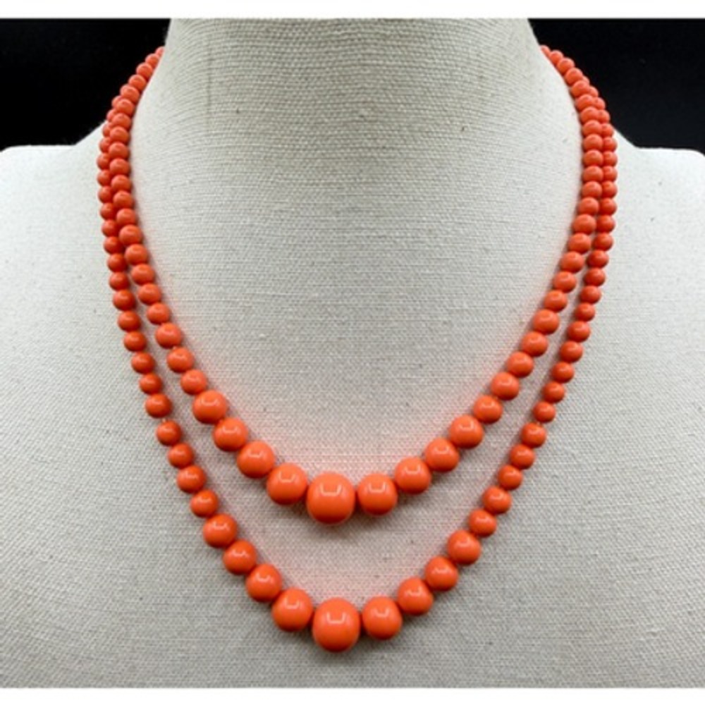 Orange Graduated Bead Double Strand Necklace Rhinestone Floral Clasp Statement